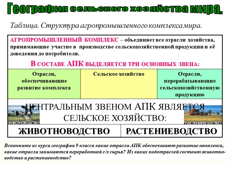 География сельского хозяйства мира. Таблица. Структура агропромышленного комплекса мира. Вспомните из курса географии 9